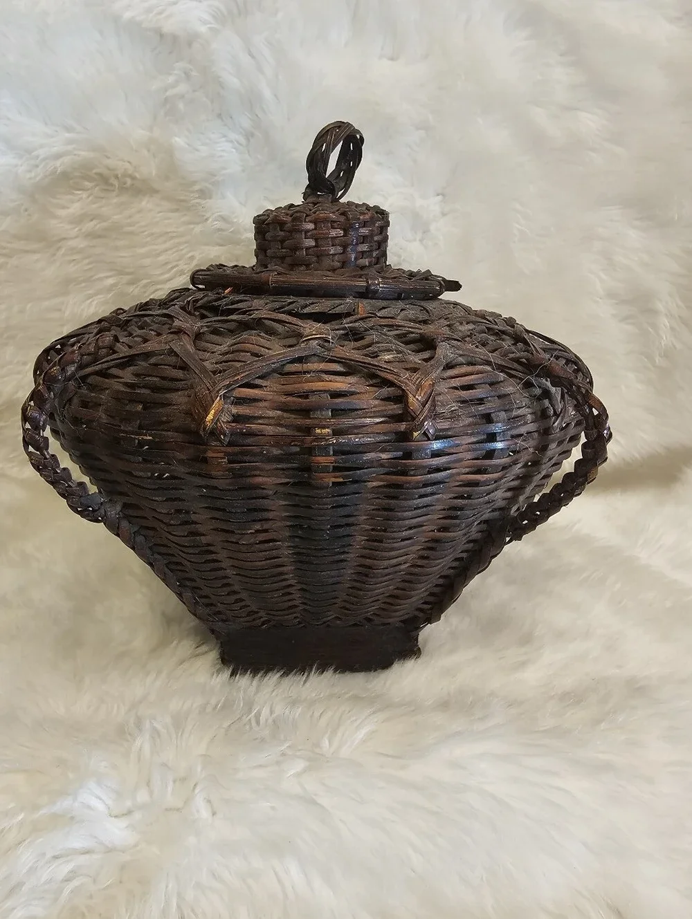 Vintage Philippines Wicker Rattan Lidded Basket Boho Home Decor